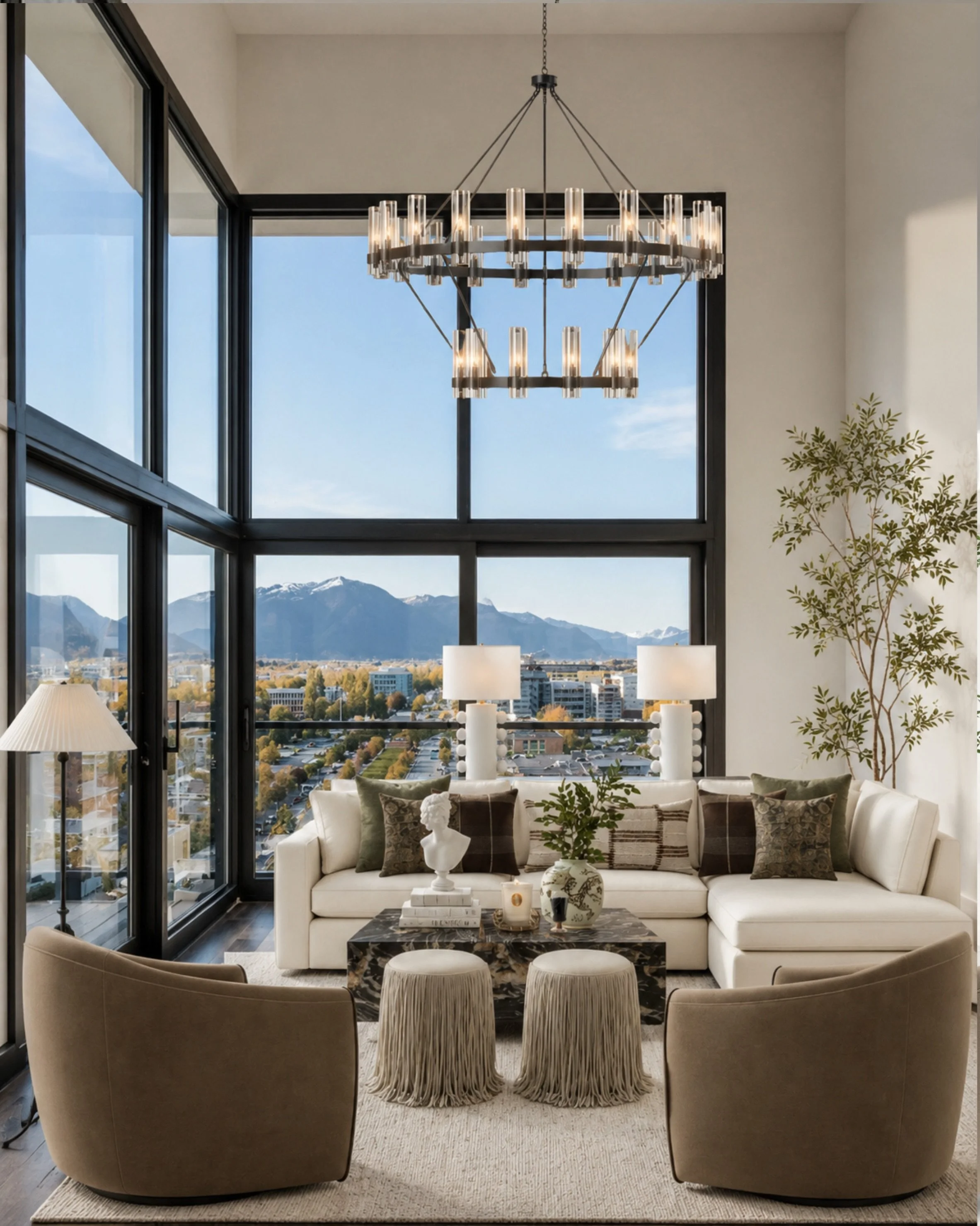 This living room is all about scale, texture, and contrast. The oversized chandelier brings the drama, the dark window frames ground the space, and the mix of cream upholstery, warm taupe chairs, fringe ottomans, and patterned pillows keeps it feelin