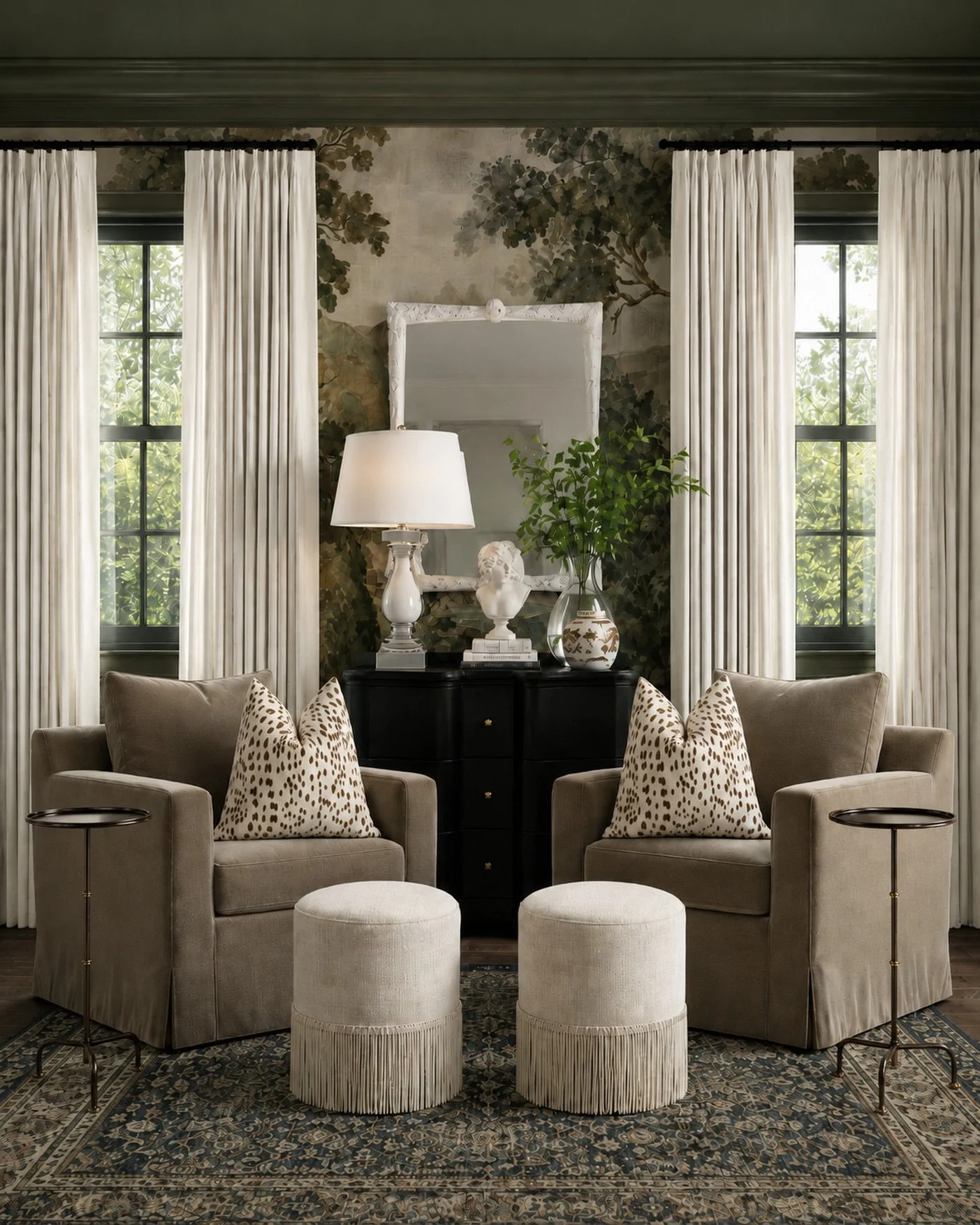 Moody classic sitting room moment 🌿

I love how the scenic wallpaper, olive green ceiling, tailored pleated curtains, and vintage-inspired rug make this feel collected without being too busy. The skirted chairs keep it soft, the black chest grounds 
