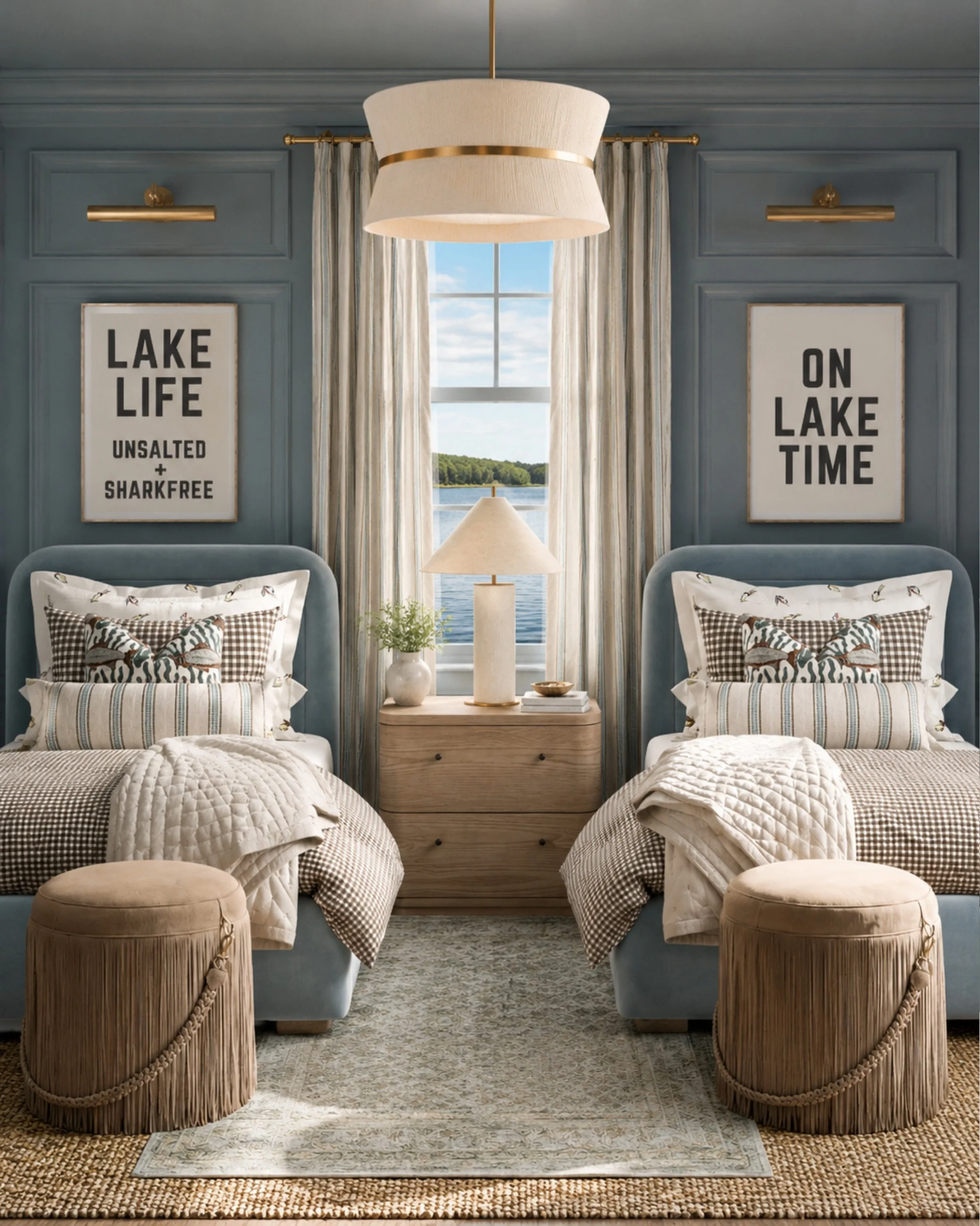 Lake house guest room, but make it polished. I love the mix of soft blue-gray walls, layered gingham bedding, striped drapery, brass lighting, and a little fringe for texture. It feels collected, cozy, and perfectly made for slow mornings by the wate