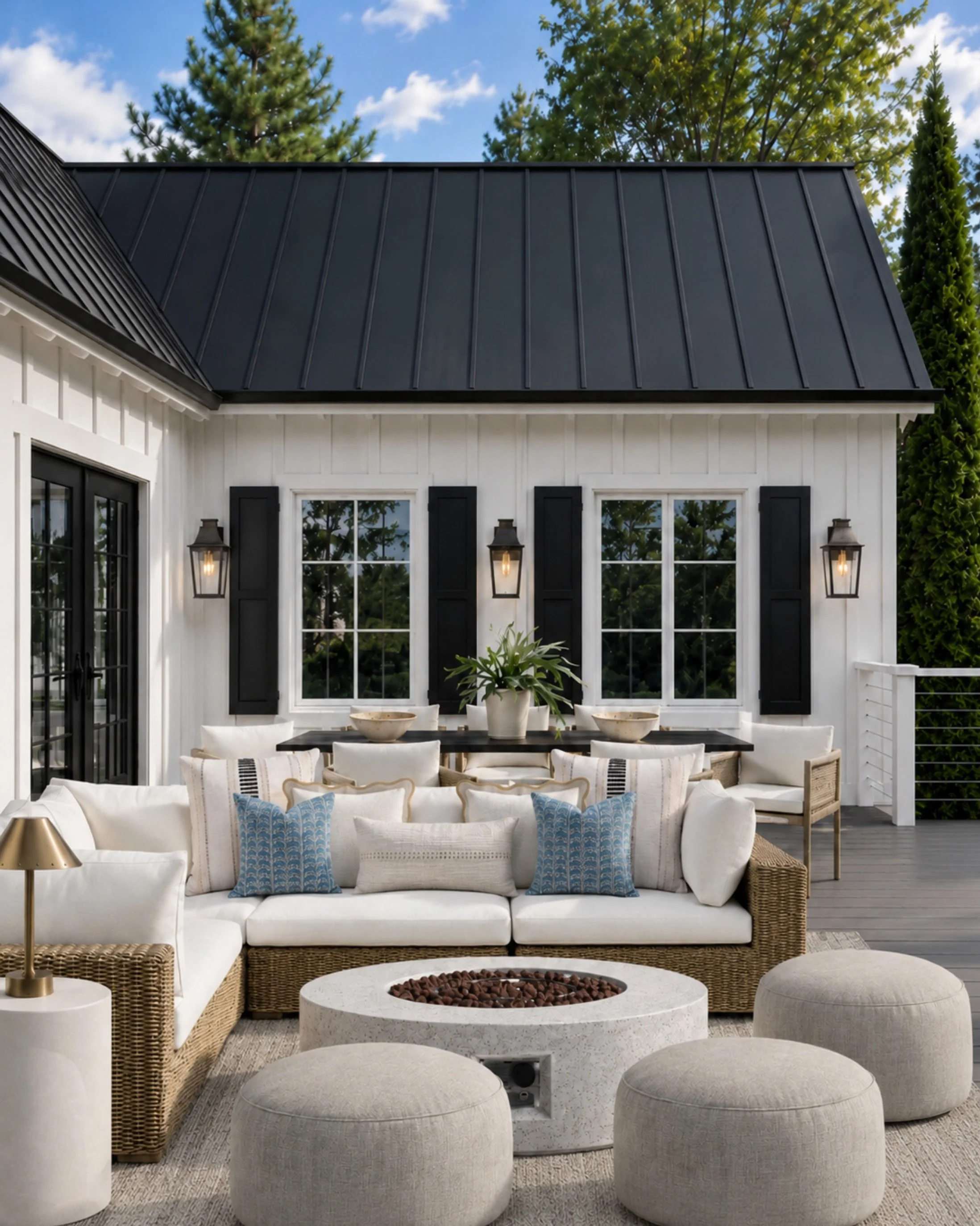Elevated outdoor living, but make it easy and livable. I love how the crisp black-and-white exterior pairs with woven textures, soft white cushions, oversized poufs, and a little pop of blue for that relaxed coastal feel. The round fire pit keeps the