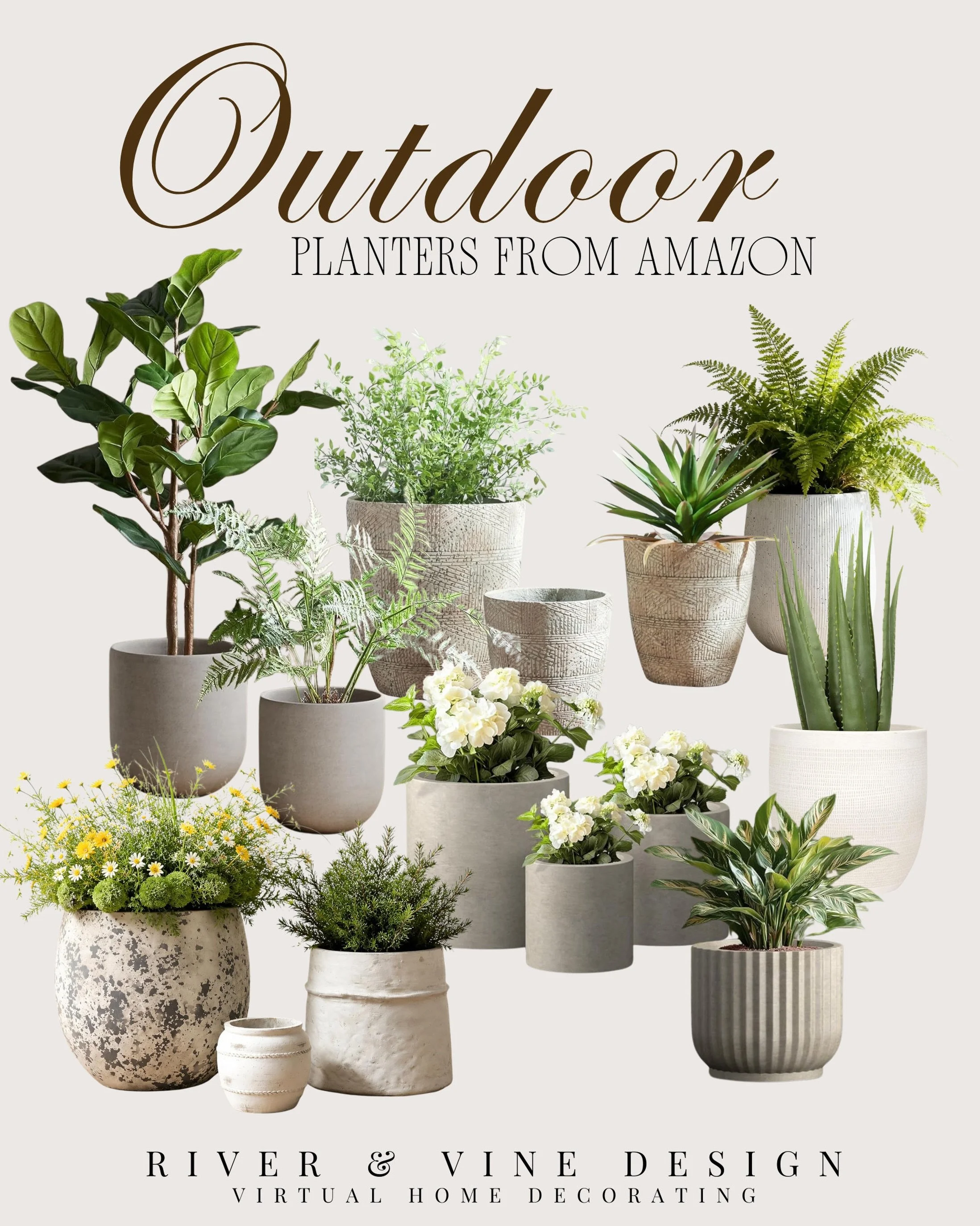 Outdoor planters from Amazon that look so much more expensive than they are. I pulled together a mix of textured neutrals, concrete-look pots, greenery, ferns, florals, and sculptural plants to make a patio, porch, or entryway feel instantly more fin
