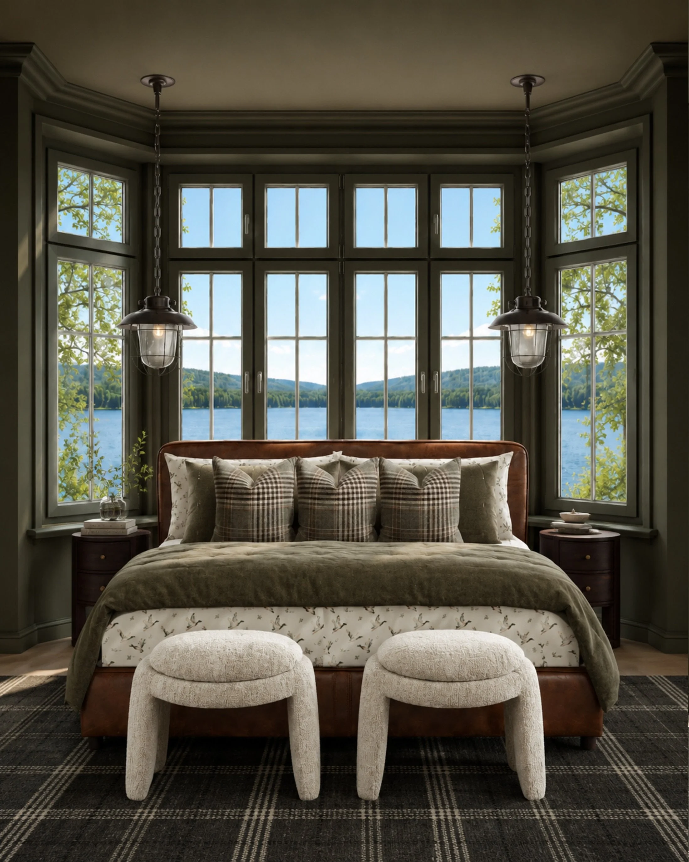Lakeside bedroom layers 🌿

Dark olive walls, tailored plaid pillows, cozy textures, and a view that does all the talking. I love how the leather bed warms up the deep green palette, while the soft boucle stools and patterned bedding keep it feeling 