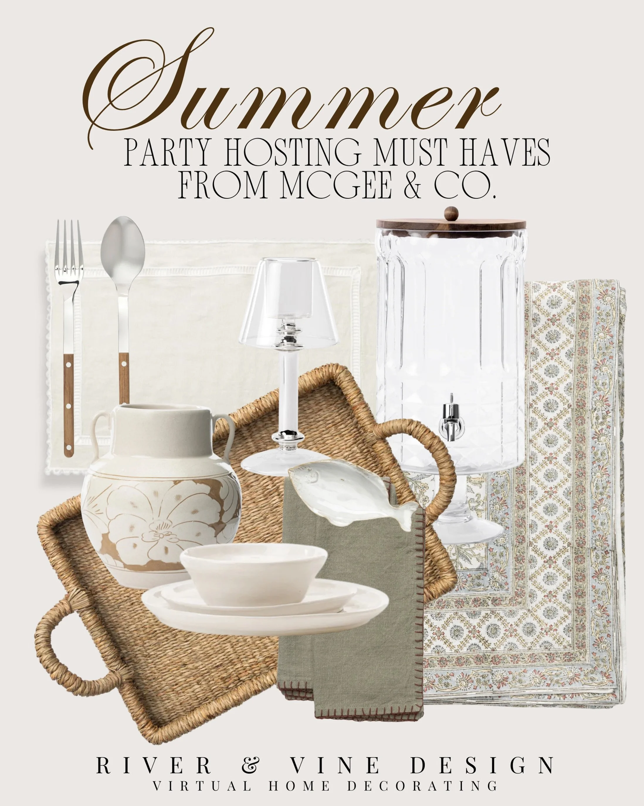 Summer hosting, but make it effortless. ☀️

A few pretty table staples can instantly make a casual get-together feel pulled together &mdash; woven texture, soft block print linens, simple white dishes, glassware, and a drink dispenser ready for lemon