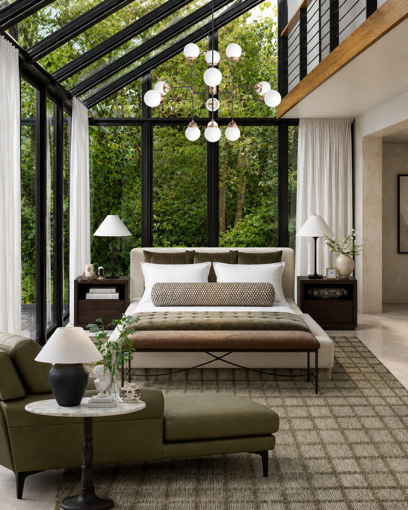 Glass walls, layered greens, and the prettiest mix of warm wood + crisp white bedding. This bedroom feels like a modern retreat tucked right into the trees &mdash; soft textures, tailored details, and a little drama from that globe chandelier. Linkin