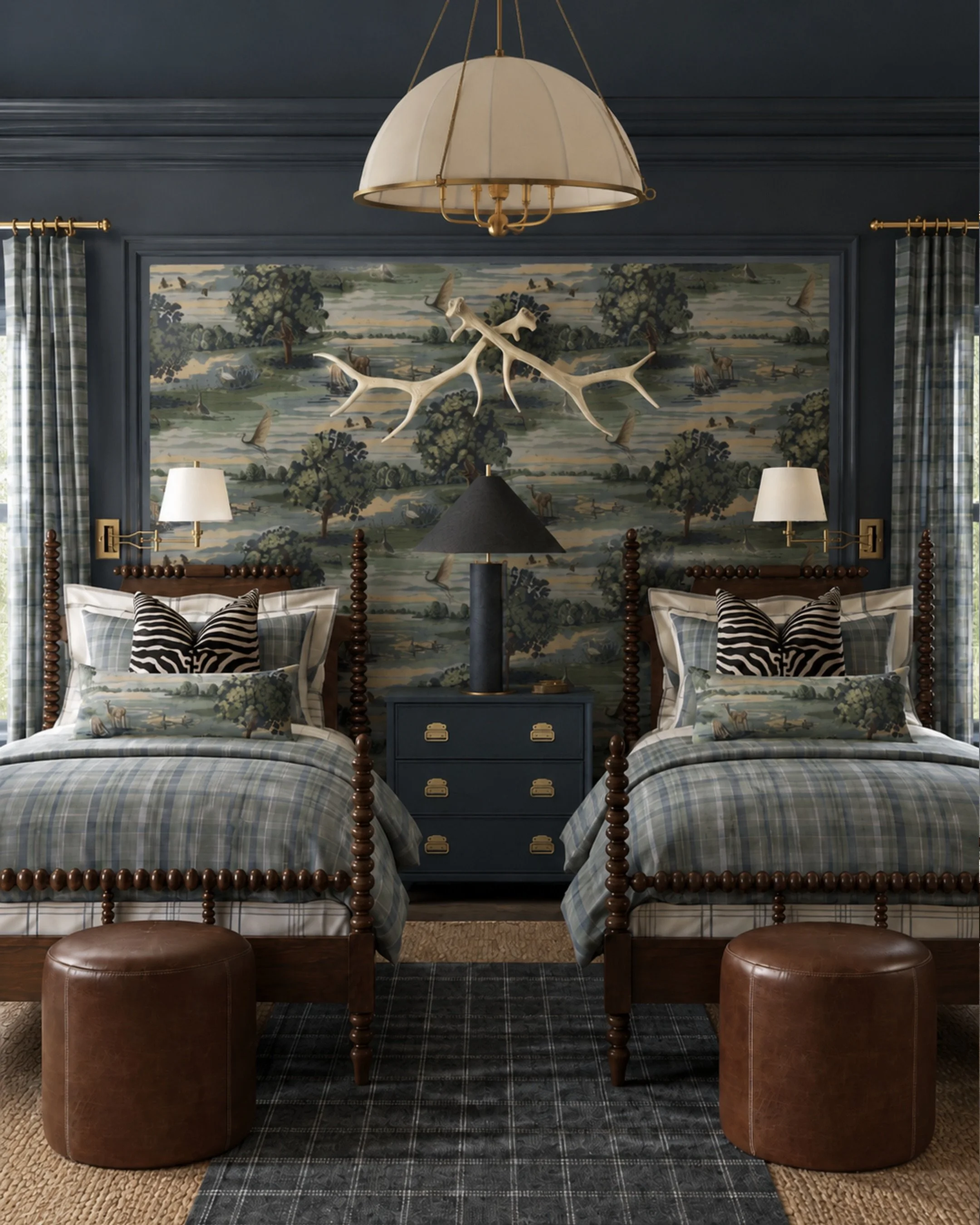 Moody twin bedroom moment with layered plaid, rich wood tones, brass accents, and the dreamiest scenic wallpaper. I love how the leather stools and zebra pillows add just enough contrast to keep it feeling collected and elevated.

#LTKHome #LTKFinds 