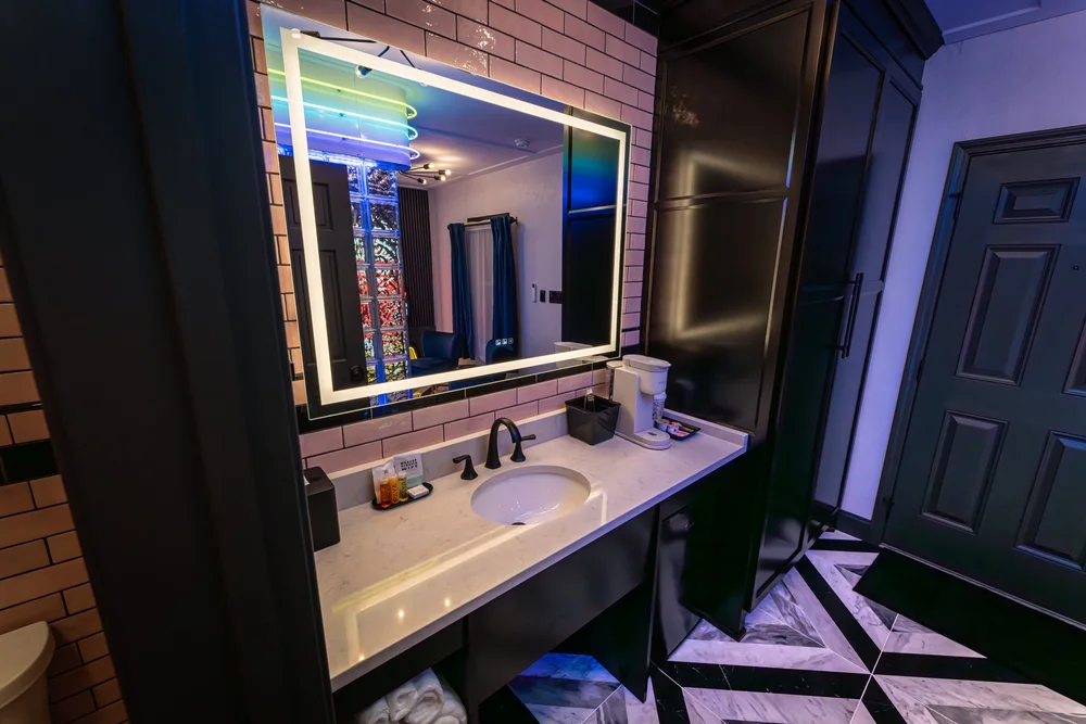 Vanity area in the Neon Room at Shamrock Court.