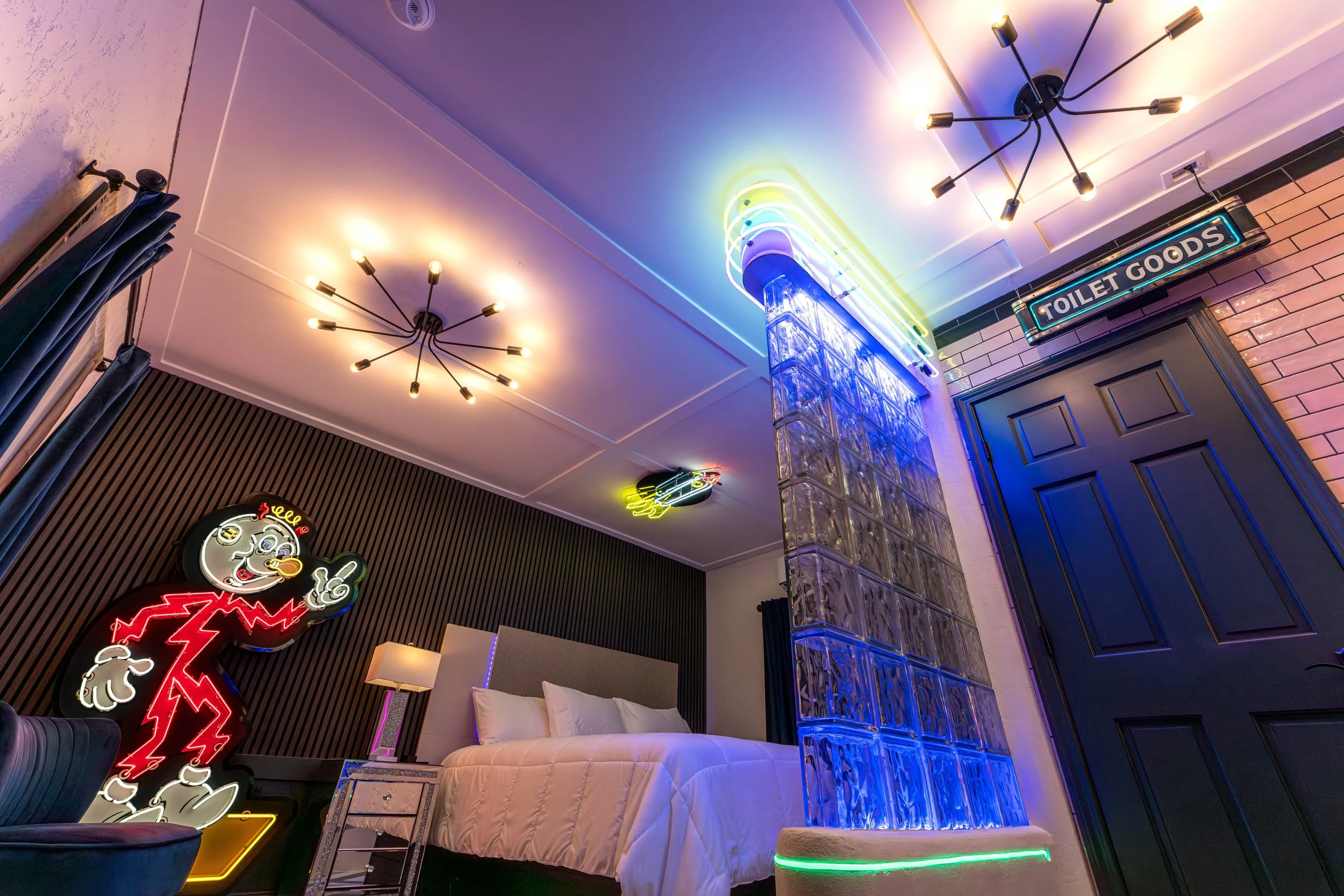 Wide view of the custom neon lighting in the Neon Room.