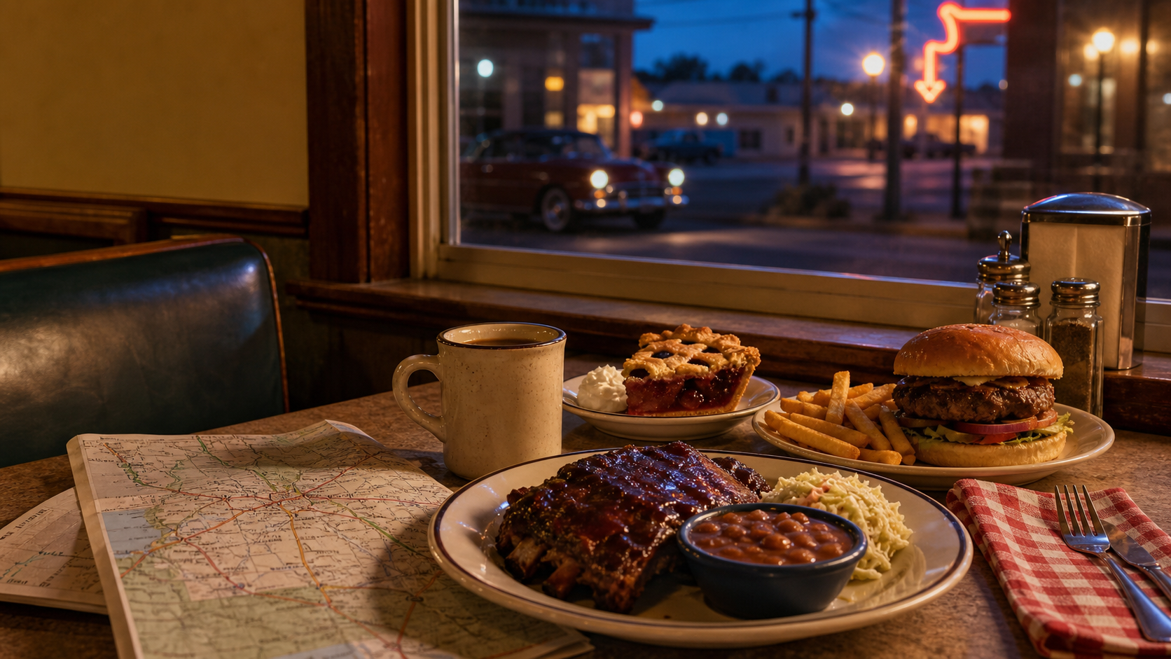 A Route 66 diner table with barbecue, burgers, coffee and pie representing local dining near Shamrock Court Motel in Sullivan, Missouri.