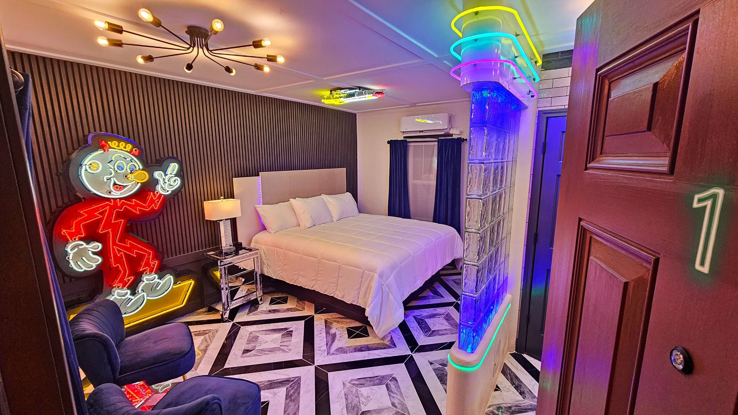 Entrance view of the Neon Room at Shamrock Court.