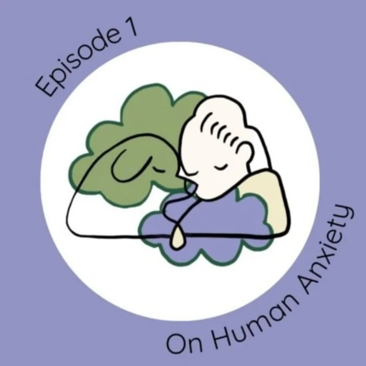 A cartoon illustration of a person resting their head on a hand, with a thought bubble showing a peaceful, sleeping face, surrounded by colorful clouds. The text says 'Episode 1' and 'On Human Anxiety'.