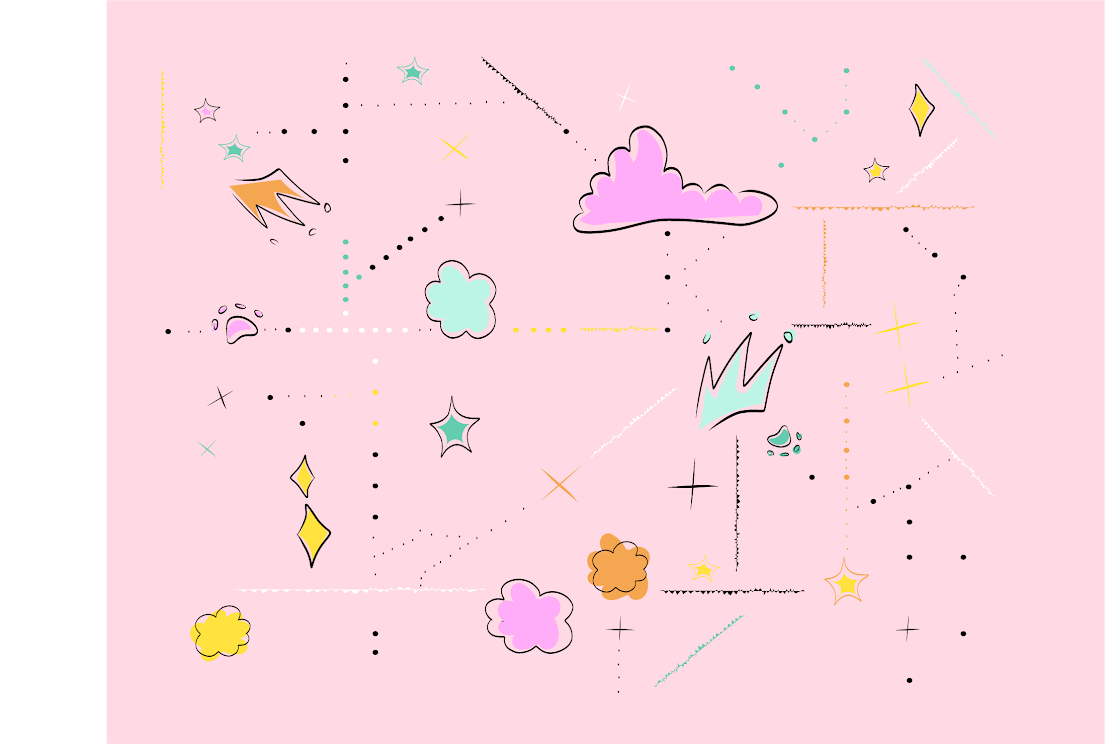 Colorful doodles on a pink background featuring clouds, stars, sparkles, and abstract shapes.
