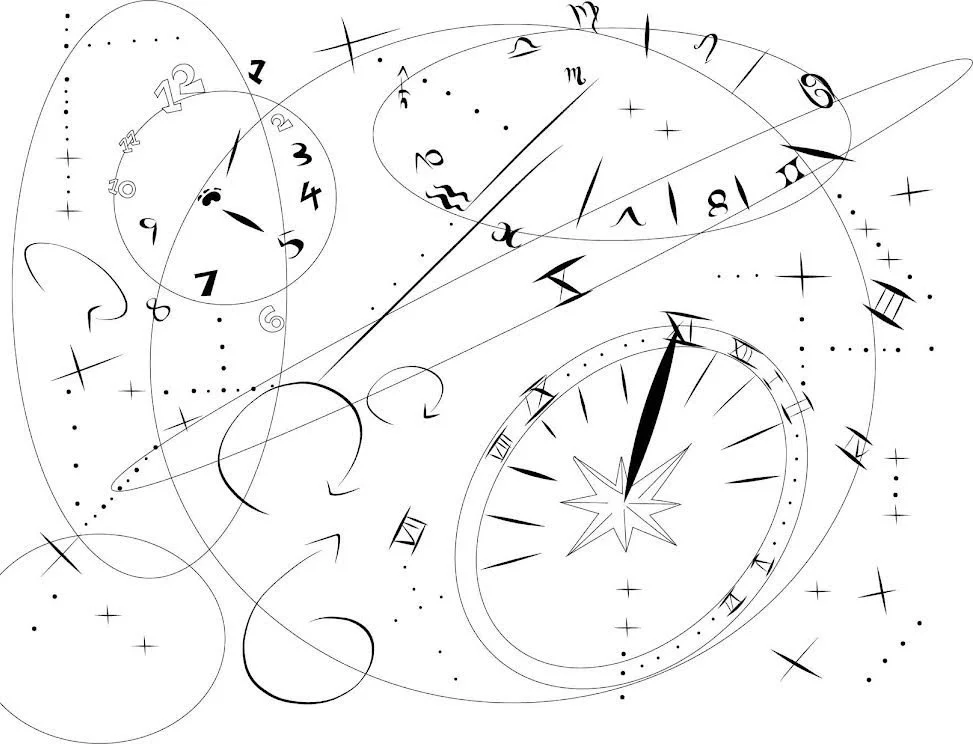 An abstract black and white drawing of multiple timepieces and celestial elements, including clocks, stars, and planetary orbits, with scattered dots and lines creating a cosmic and surreal appearance.
