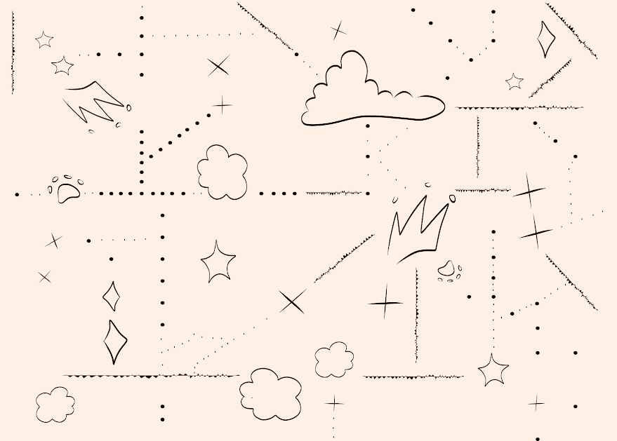 Abstract doodle-style pattern with clouds, stars, and dots on a beige background.