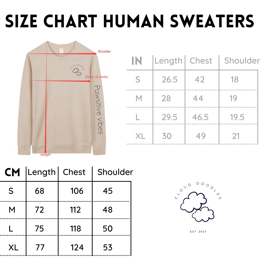 Size chart for human sweaters showing measurements in centimeters and inches, with a sample beige sweater illustration. The chart details shoulder, chest, and length dimensions across sizes S, M, L, and XL, accompanied by a small cloud and doodles logo that reads "Cloud Doodles EST 2021."