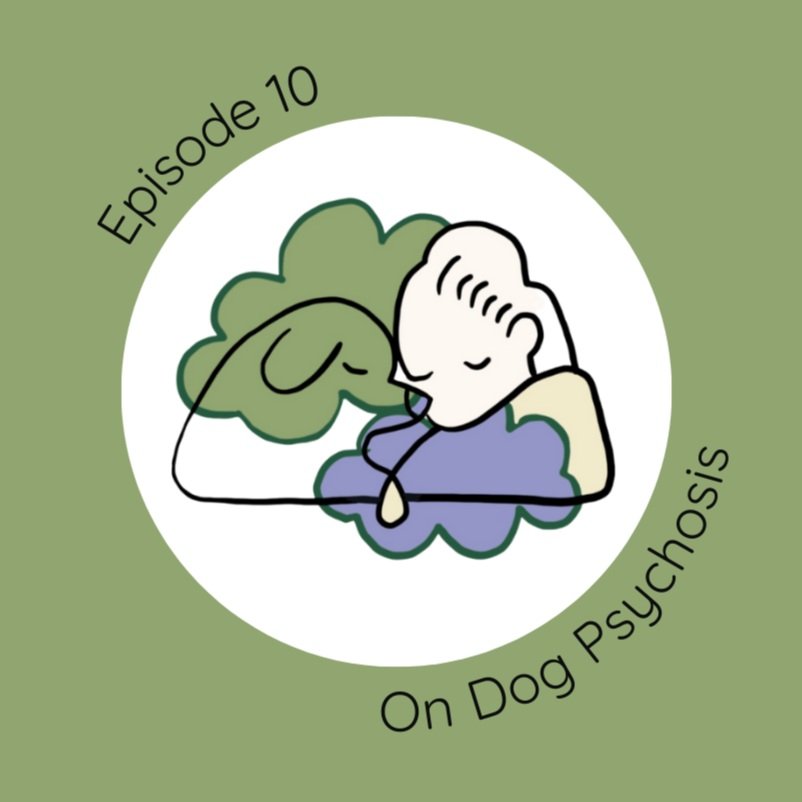 A simple cartoon drawing of a person resting on a couch with a dog lying next to them, both appearing to be asleep. The image has the text 'Episode 10 On Dog Psychedelic' surrounding the illustration.