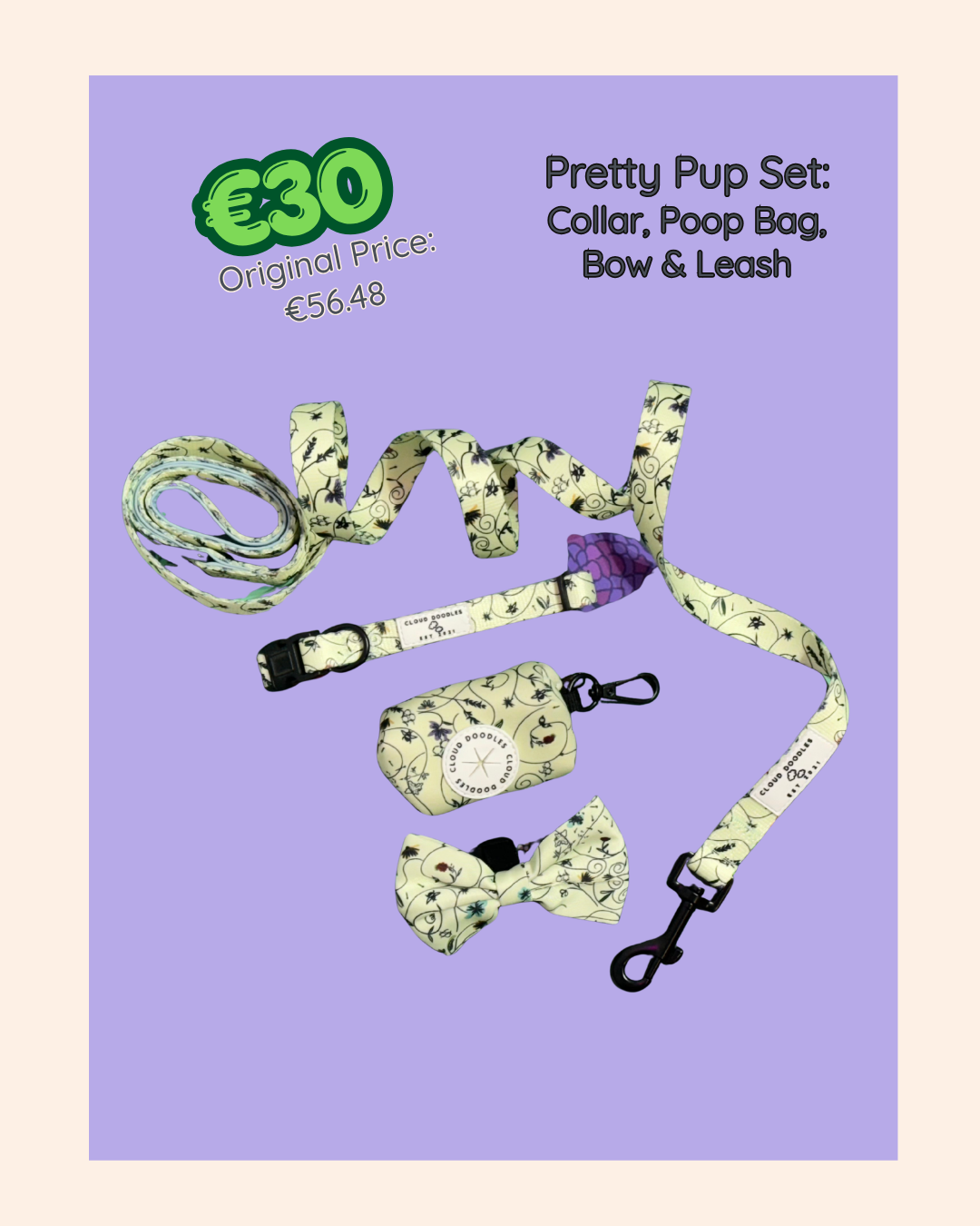 Bundle: Collar, Poop Bag, Bow & Leash
