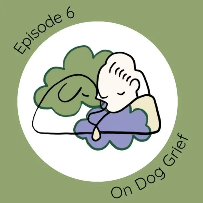 Illustration of a person with a sad face, lying on the ground with a green dog, indicating grief over a dog.