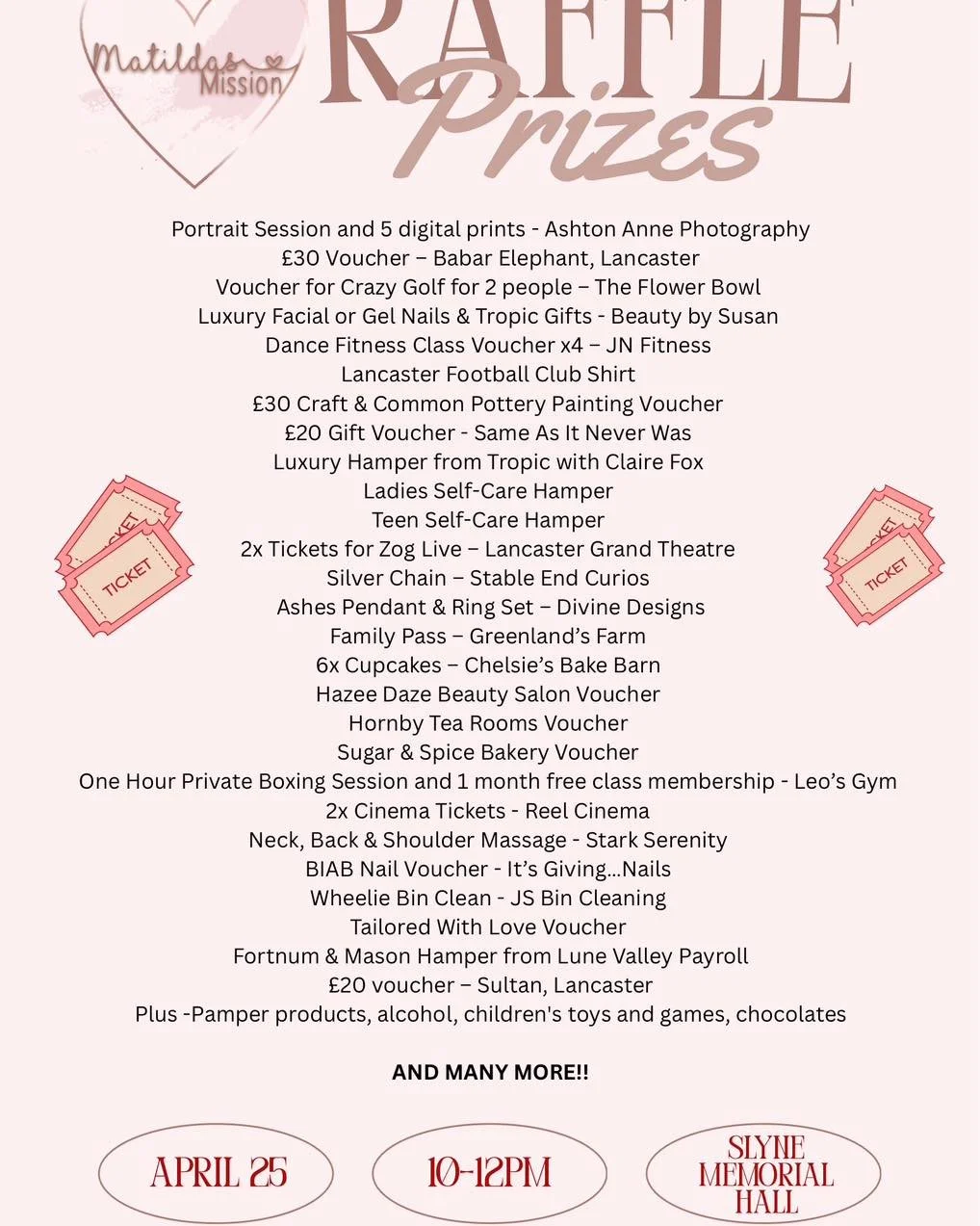 We are so excited to announce the raffle prize list for our upcoming coffee and cake fundraiser on 25th April 🎟️

We are so grateful for each and every donation that has been made to help make this event a success! 

Huge thanks to all the wonderful