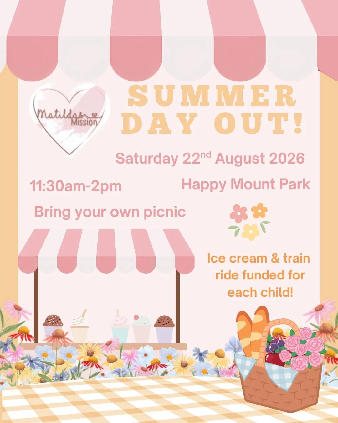 ☀️It&rsquo;s the Matilda&rsquo;s Mission summer day out!☀️

We&rsquo;re publishing this event early because we know how popular it is! 

🧺 This year we&rsquo;re going to meet in Happy Mount Park for a group picnic in the (hopeful) sunshine!

🍦The s