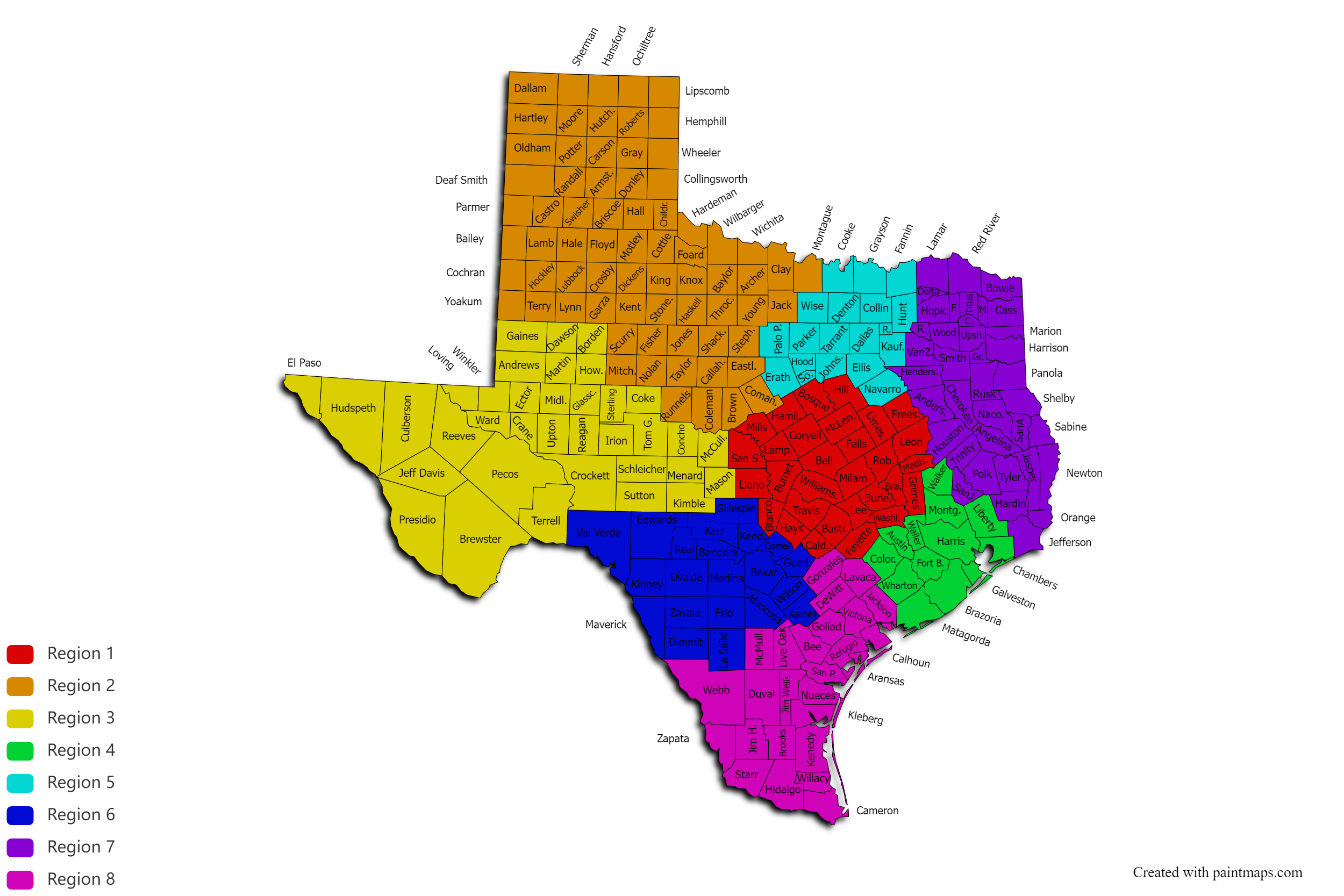 Map of ATM regions: Region 1 - Central Texas,  Region 2 - Panhandle,  Region 3 - El Paso/Midland/Odessa,  Region 4 - Houston,  Region 5 - North Texas,  Region 6 - San Antonio,  Region 7 - East Texas,  Region 8 - South Texas