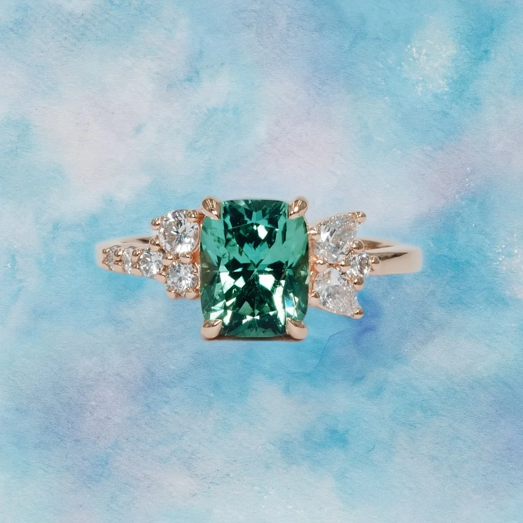 Made this one for my sweet friend Becca 💚
This minty green cushion cut tourmaline felt like the perfect match for her&mdash;fresh, calming, and full of light. Set in 14k rose gold with an asymmetrical splash of diamonds, it&rsquo;s a piece that tell