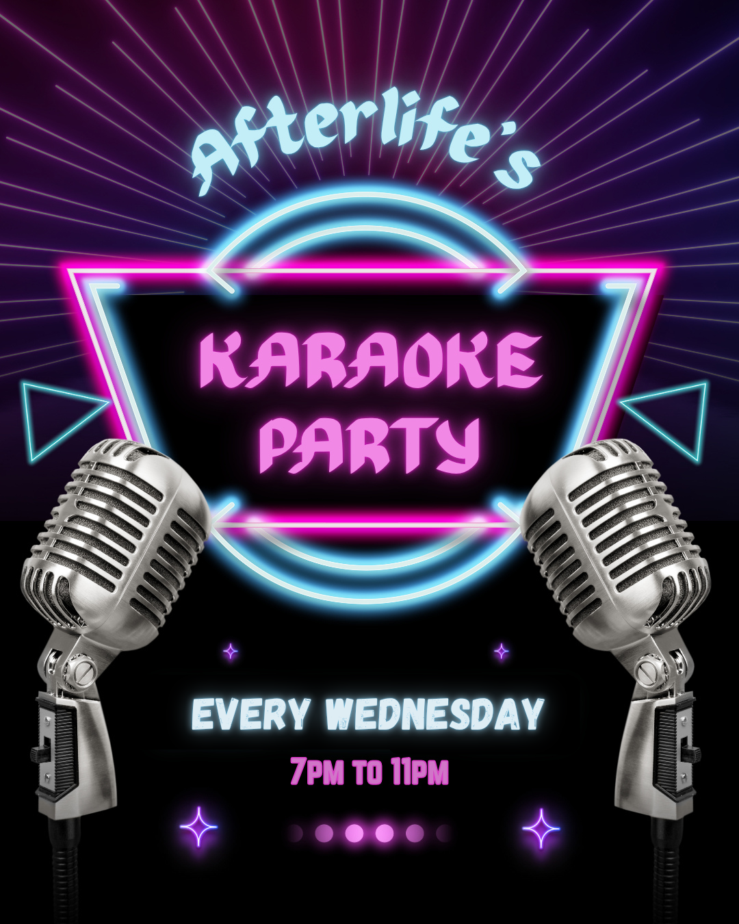 Neon sign advertising an afterlife karaoke party every Wednesday from 7 PM to 11 PM, featuring vintage microphones, with a dark background and colorful neon lights.