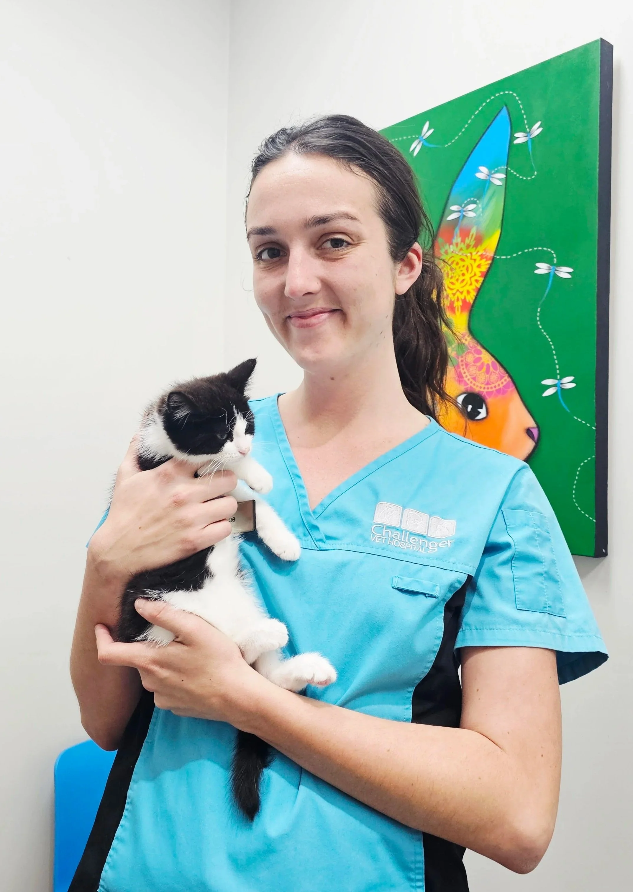 A woman in veterinary scrubs holding a black and white kitten, standing in front of a colorful wall art with a rabbit and dragonfly design.