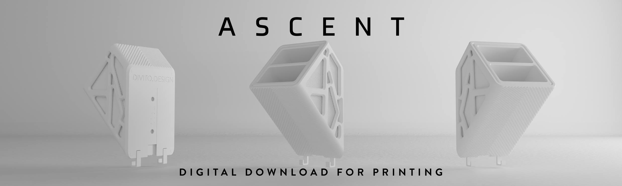 Three 3D-printed white geometric objects in different stages of assembly, with the word 'ASCENT' above and 'DIGITAL DOWNLOAD FOR PRINTING' below.