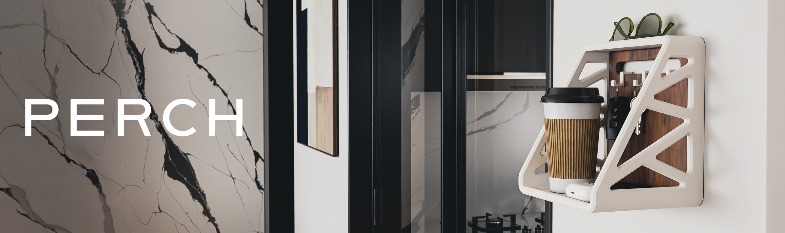 Modern entryway with marble wall, black framed mirror, and a unique white wall-mounted shelf holding sunglasses and a coffee cup.