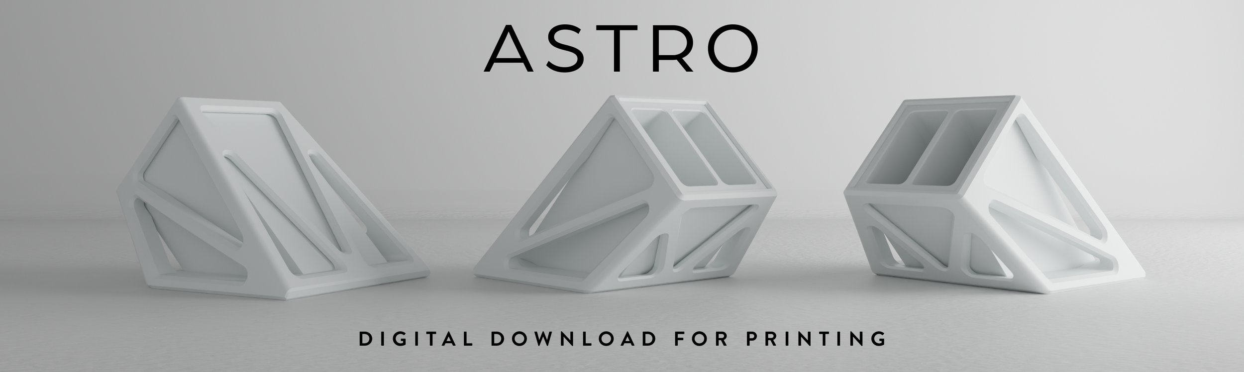 Three white geometric objects with angular designs on a light gray background. The text "ASTRO" is centered above, with the phrase "DIGITAL DOWNLOAD FOR PRINTING" below.