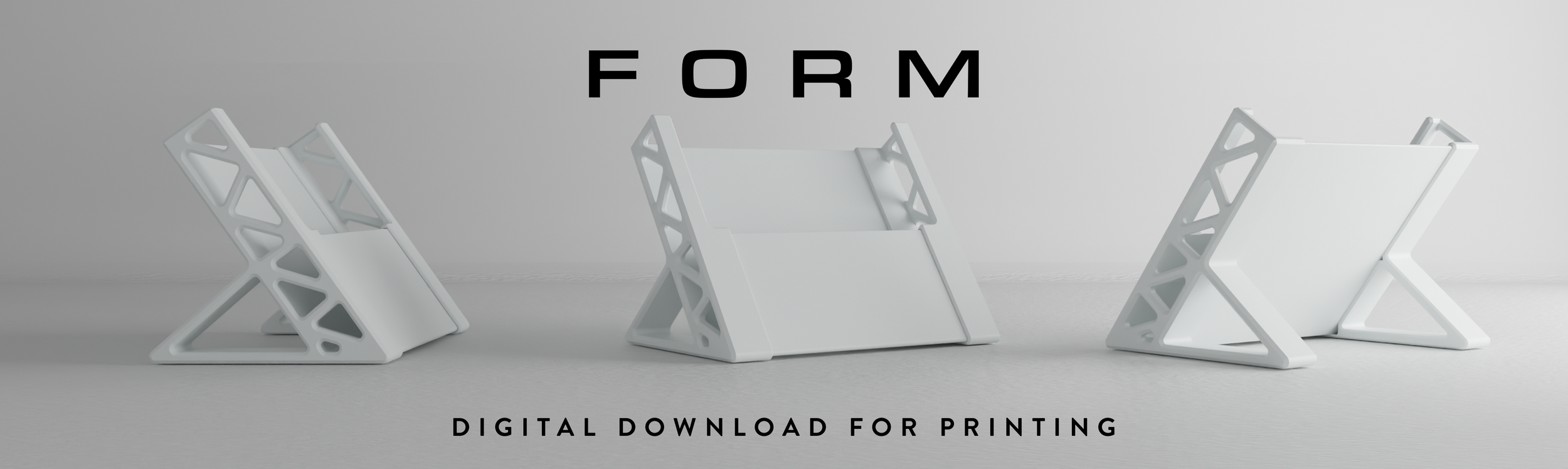 Three white minimalist desk stands in different open positions with the word "FORM" above and "DIGITAL DOWNLOAD FOR PRINTING" below in black text.