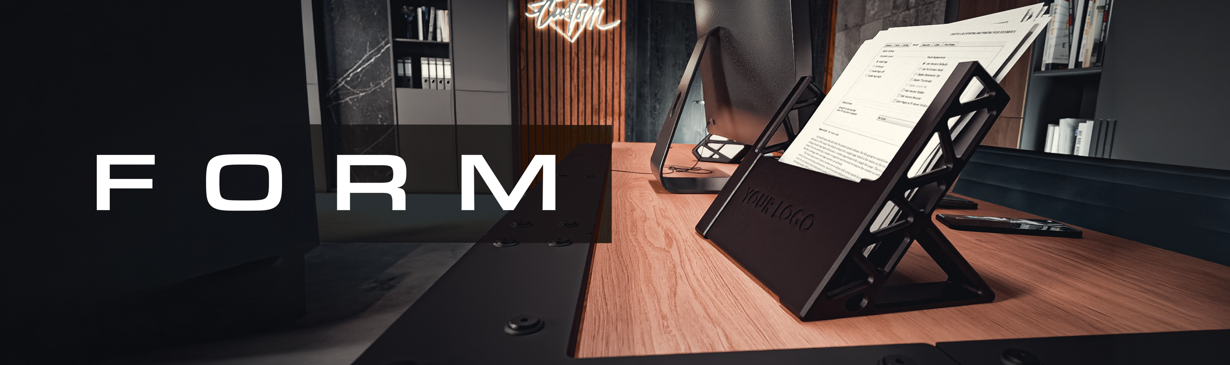 A modern office reception desk with a wooden surface. Two black document holders with papers and a smartphone are on the desk. Shelves with books are in the background, and a neon sign is partially visible on the wall.