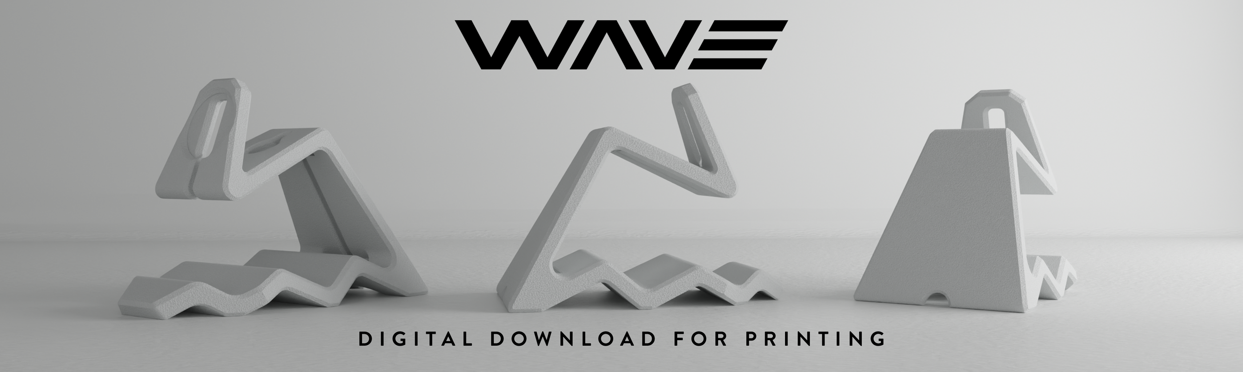 Three 3D white geometric wave-shaped objects on a white surface with the word "WAVE" in bold black letters above them and the text "DIGITAL DOWNLOAD FOR PRINTING" below.