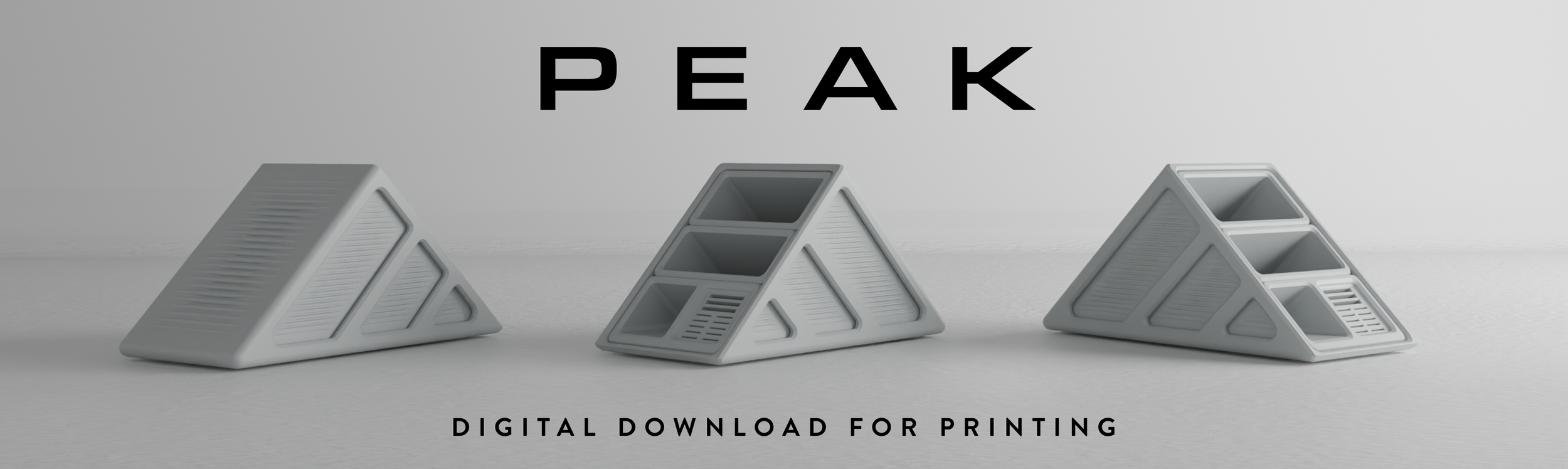 Three 3D printed house-shaped organizers on a white surface with the word 'PEAK' above and the text 'DIGITAL DOWNLOAD FOR PRINTING' below.