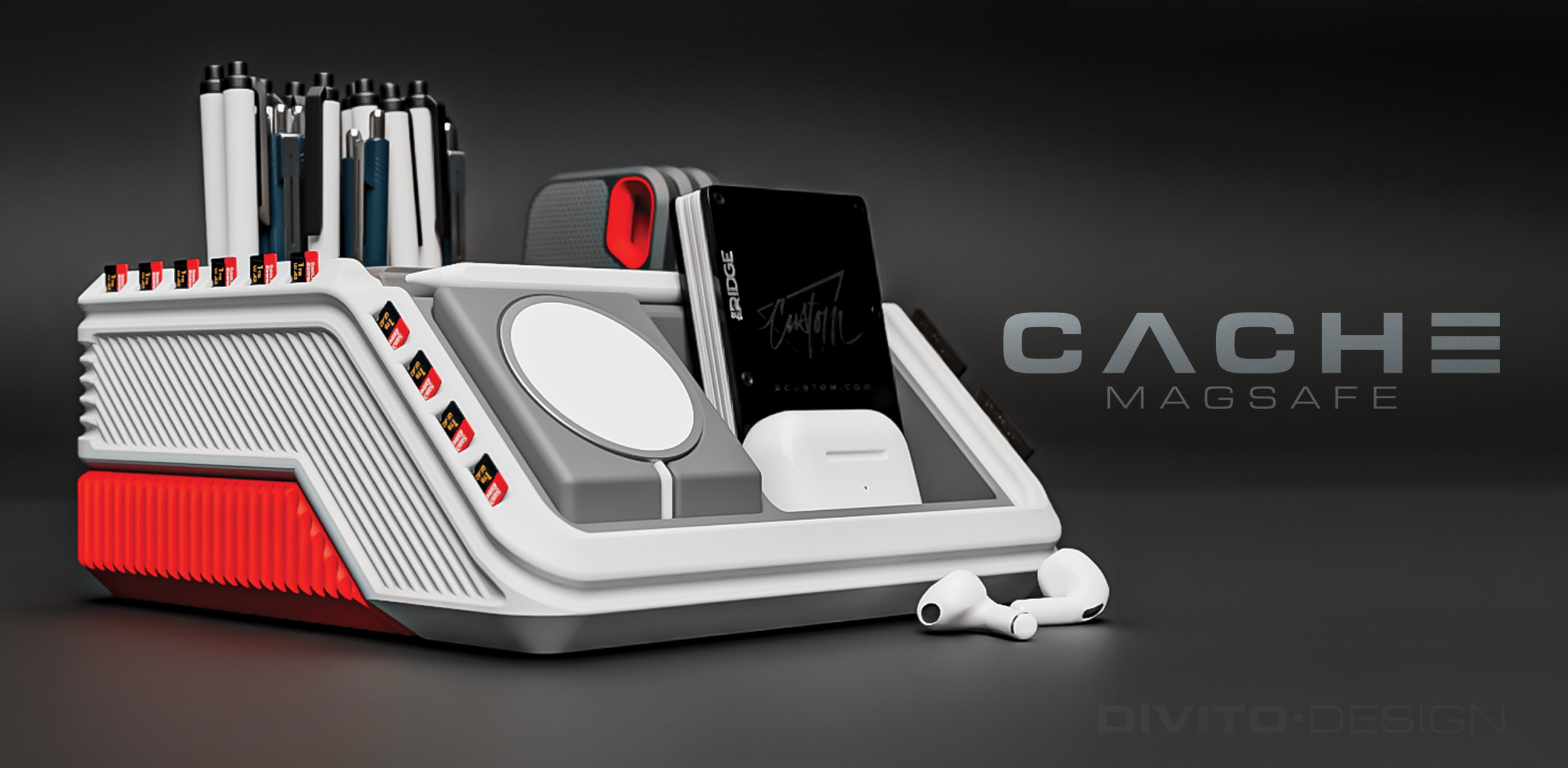A modern wireless charging station with multiple slots for batteries, a smartphone, and a pair of wireless earbuds, with the word "CACHE" and "MAGSAFE" displayed on the side.