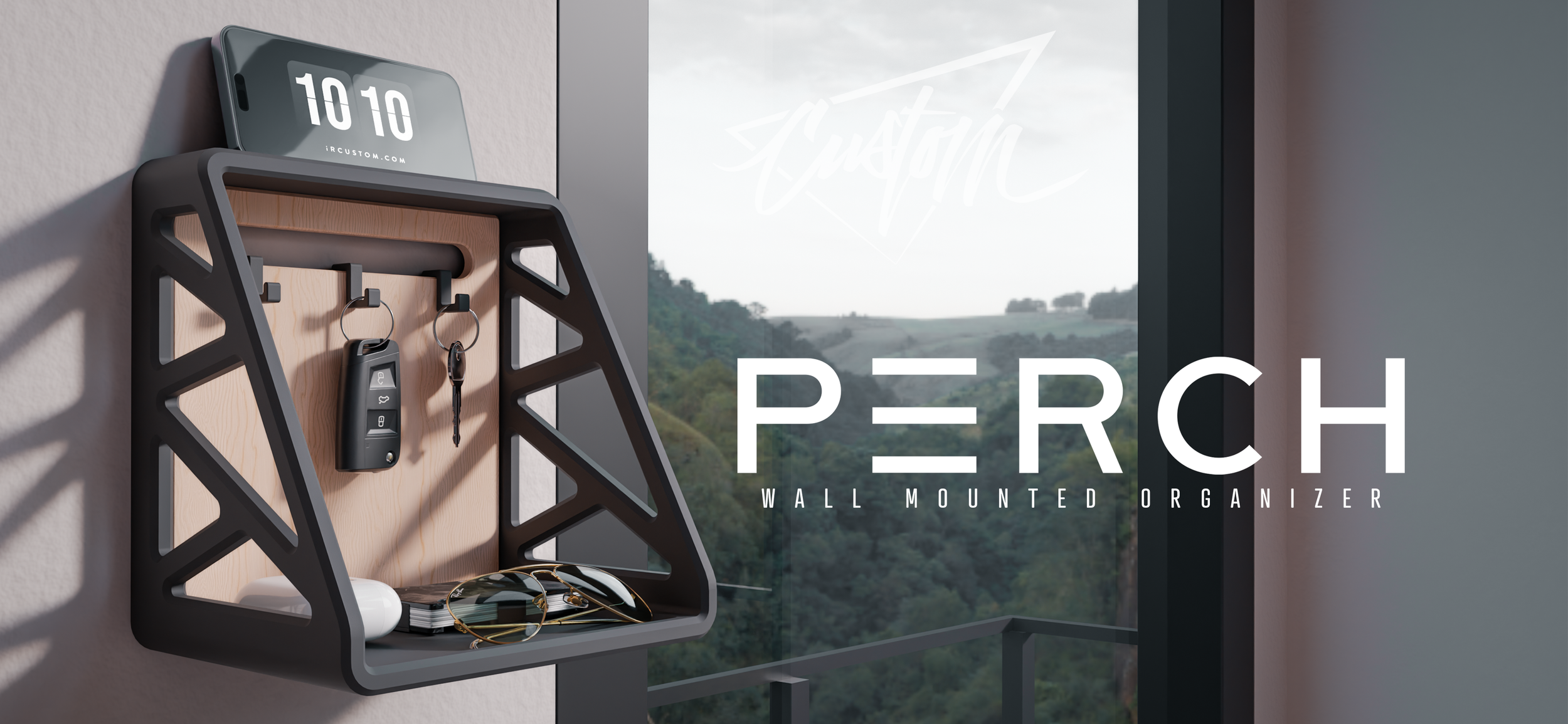 Wall-mounted organizer on a balcony with a view of a hilly landscape, holding keys, a car key fob, sunglasses, and a small white item, with a digital clock on top displaying 10:10 and a neon sign that says 'Creative' in the background.
