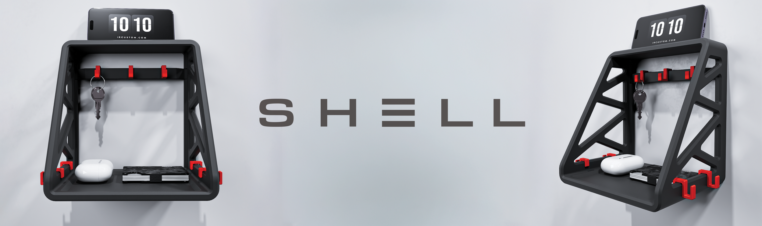 Two black wall-mounted shelves with red hooks, each holding a keychain, wireless earbuds, and a book; a digital clock displaying 10:10 on each shelf; a white wall with the word "SHELL" written in grey, stylized font.