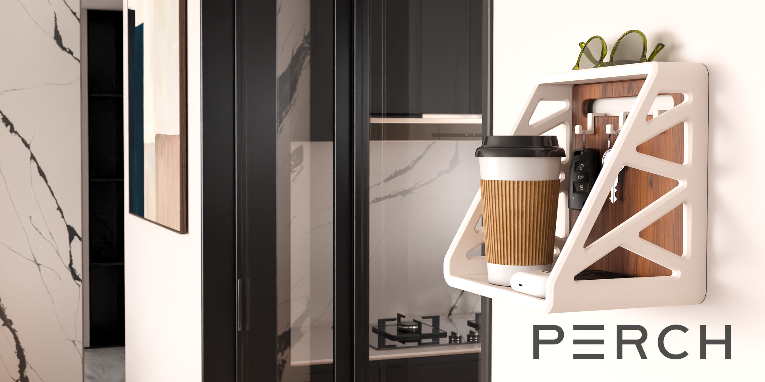 A modern shelf with a coffee cup, sunglasses, and keys, mounted on a wall with a marble pattern. The word "PERCH" is written at the bottom right of the image.