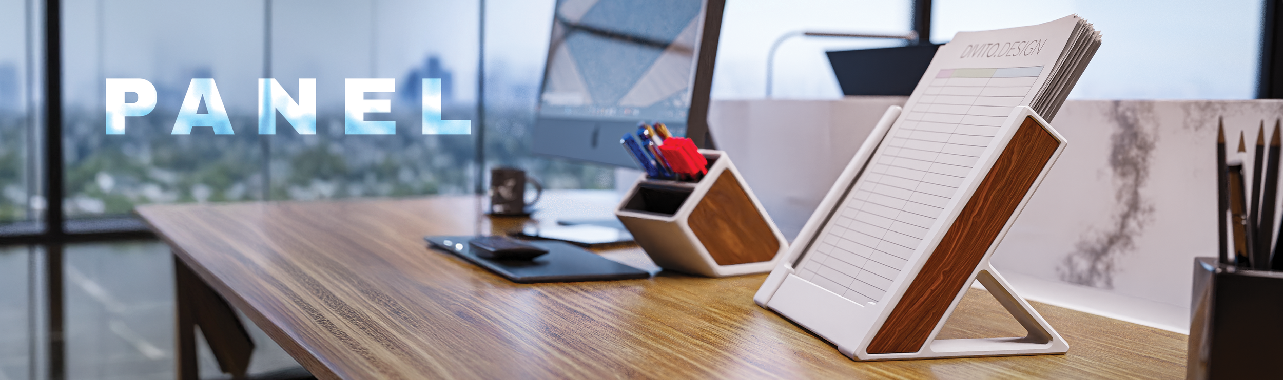 An organized office desk with a tablet stand, a tablet, pens, and notebooks, against a window with city view.