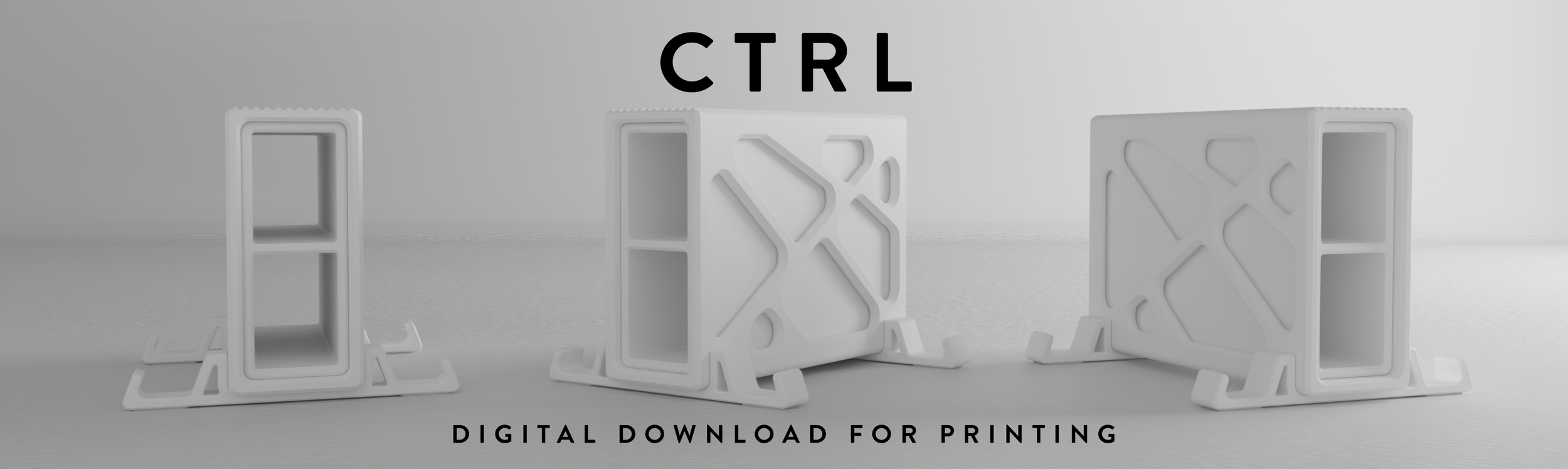 Three 3D printed white plastic objects resembling refrigerator magnets or clips, with black text reading 'CTRL', and a subtext 'Digital download for printing'.