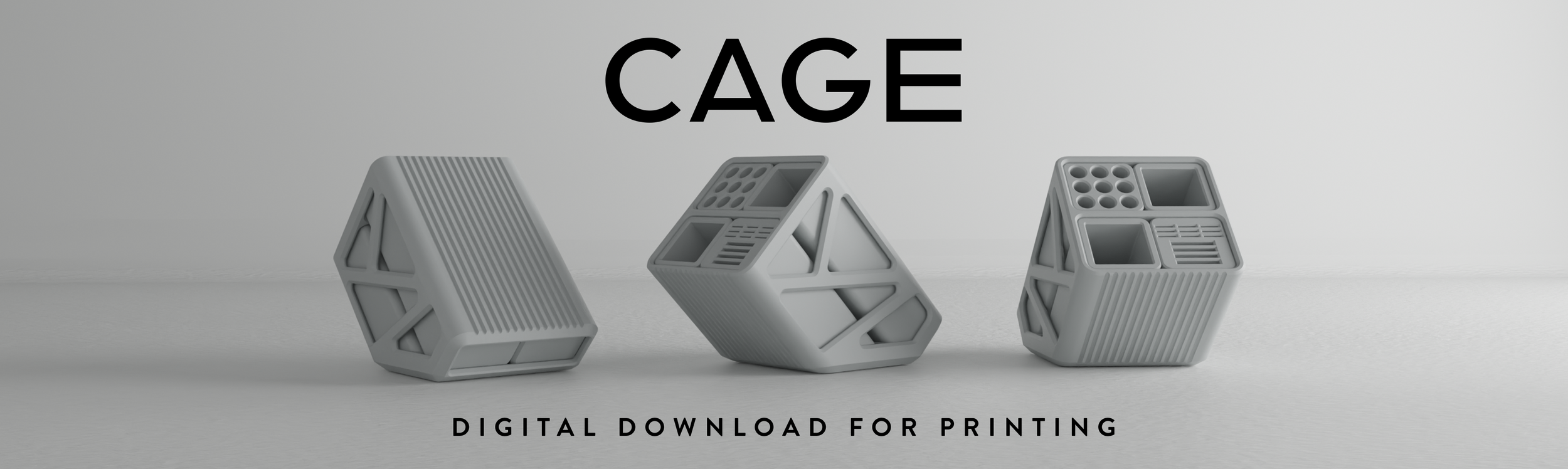 Three gray geometric objects with intricate, segmented surfaces, resembling parts of a cage, placed against a light background. The word "CAGE" is written above in bold black letters, and below it, the text "Digital Download for Printing" is displayed.