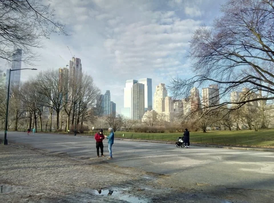 People walking and talking in a city park with skyscrapers in the background on a partly cloudy day.