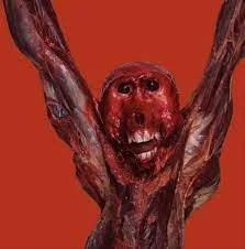 A distorted or poorly rendered creature with exaggerated facial features and outstretched arms against a solid red background.