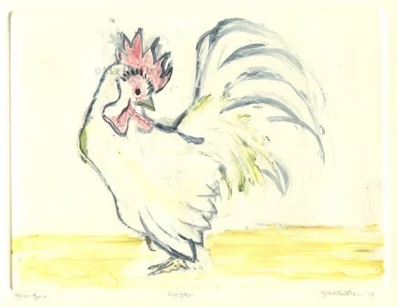 Rooster Print Monotype with Yellow and Red