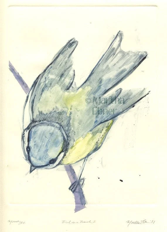 Bird Monotype Print "Bird on a Branch I"