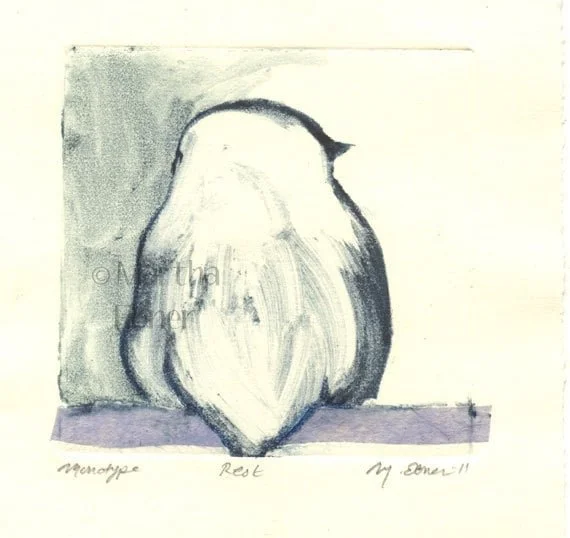 Original Bird Print "Rest", monotype with Chin Collé