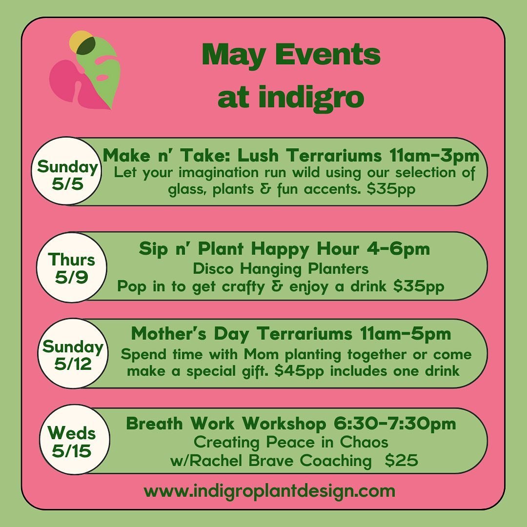 Helloooo May! Get your tickets using link in bio. 

Celebrate Mother&rsquo;s Day with us, ground yourself in our Breath Work Workshop &amp; paint your favorite houseplants with @noramakes. 

NEW ✨ We&rsquo;re also kicking off outlet #thirstythursday 