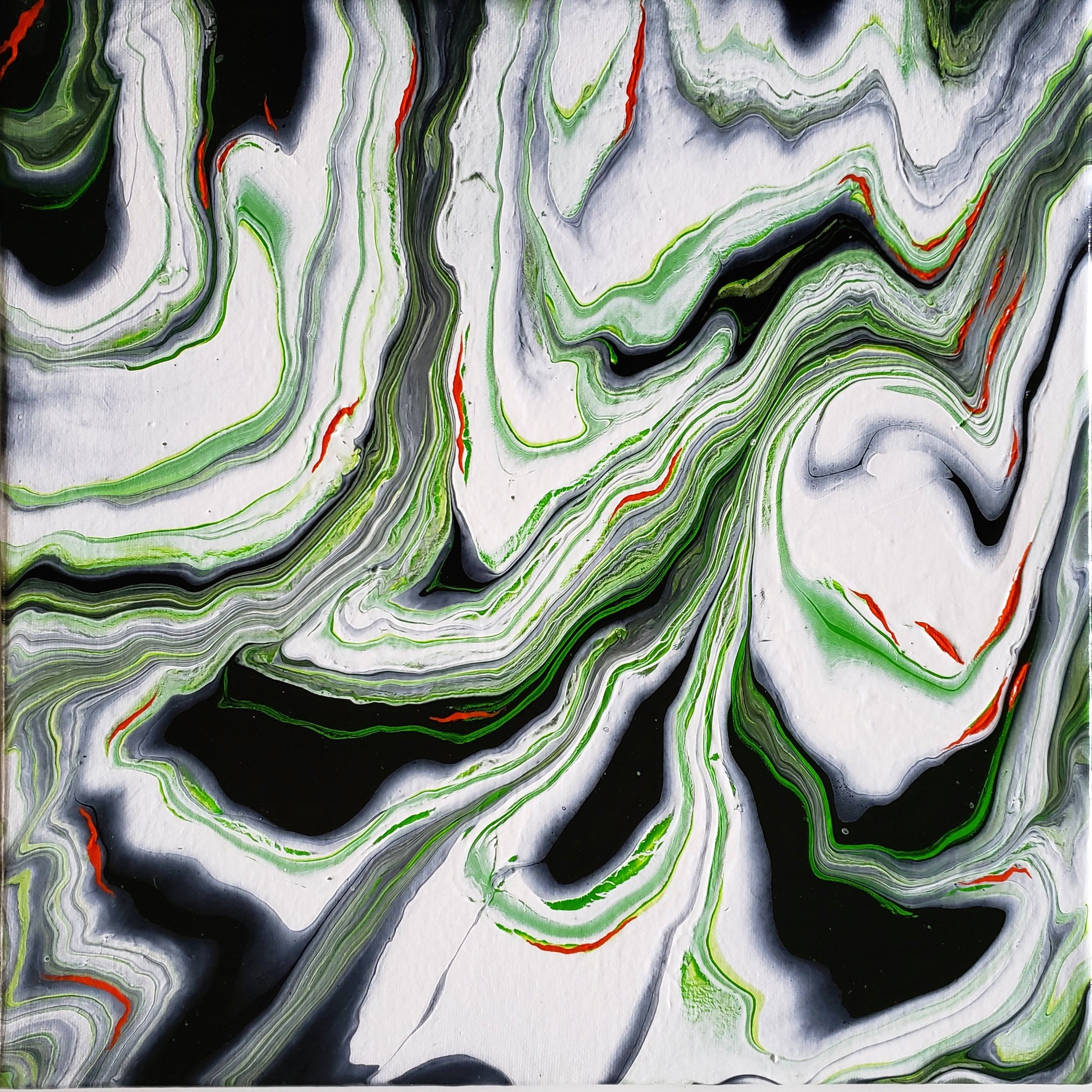 marble wrecked pour on 14" x 14" x 5/8" canvas finished with archival resin