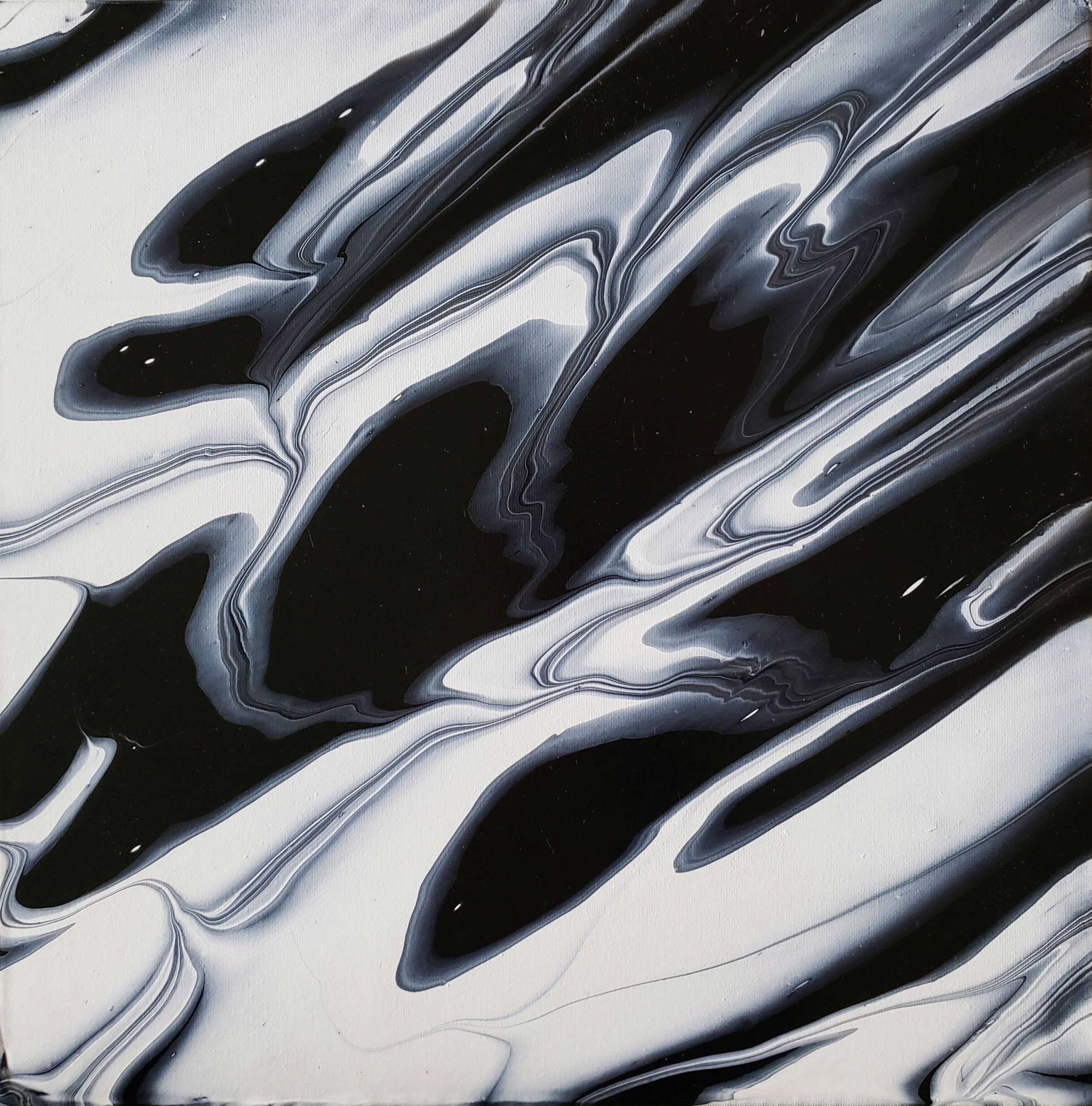marble wrecked pour on 14" x 14" x 5/8" canvas finished with archival resin