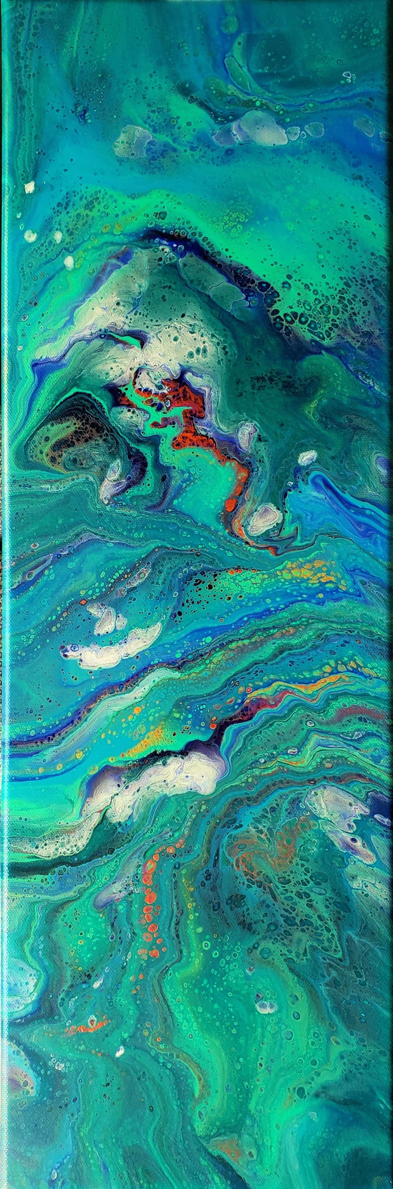 Paint grenade flip cup on 8" x 24" x 5/8" canvas finished with archival varnish